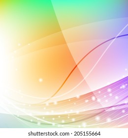 Abstract colorful curves background with sparkles. Green, purple, orange, red, white colors. Wave design