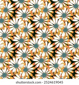 Abstract Colorful Daisy Seamless Pattern Vector. Floral pattern seamless texture ethnic batik Denmark damask on a black background Daisy Flower motifs paisley wallpaper. Design for all textiles print.