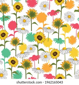 Abstract colorful daisy and sunflower seamless pattern