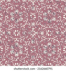 Abstrakte bunte Damast-Blumenmuster auf rosafarbenem Hintergrund. Geometrisches Blumenmotiv, Wiederholmuster.