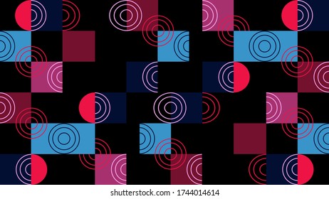 Abstract colorful dark background, geometric pattern of circles and rectangular shapes, fashion concept.