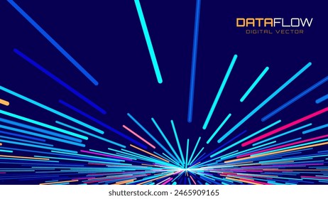 Abstractas líneas coloridas de flujo de datos. Gráficos de luces Speed Lines. Diseño de fondo lineal futurista. Tecnología, Big Data, Plantilla de temas de Ciencia.