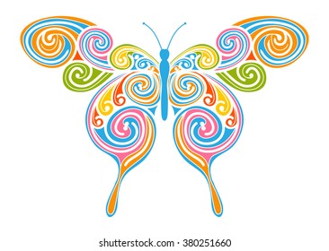 Abstract Colorful Decorative Vector Butterfly with Swirl and Twirl Outlines. Isolated on White Background. Ornate Springtime Motif and Design Element for Greeting Cards and Backdrop Decoration. 