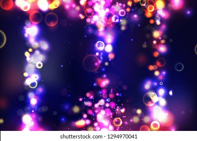 Abstract colorful defocused circular bokeh sparkle glitter lights background. Magic space cosmic shiny bubbles. Elegant layout template for blayer banner or poster background. EPS 10