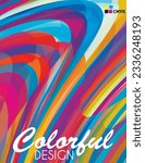 Abstract colorful design background with cerulean blue and orangy red curved stripes. Vertical vector graphic pattern