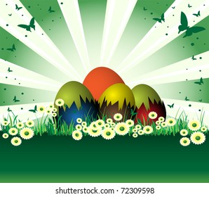 Abstract colorful design with easter eggs on a green field with flowers. Easter theme