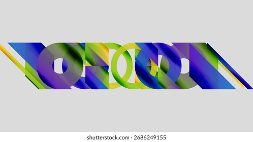 O design colorido abstrato apresenta sobreposições de formas curvas. Azuis vívidos, verdes, amarelos criam um impacto visual dinâmico. Composição geométrica moderna.