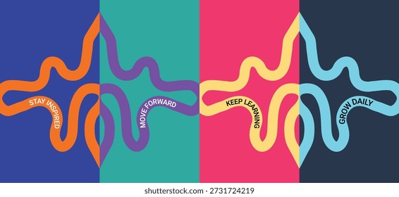 Abstract colorful design featuring wavy lines and motivational phrases split into four panels