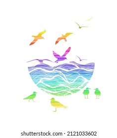 Abstract colorful design of ocean logo with waves and seagulls. Vector illustration