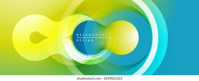 Abstract colorful design. Overlapping circles create dynamic visual effect. Gradient transitions between yellow, green, blue hues. Modern background texture.