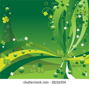 Abstract colorful design for St. Patrick's Day with four leaf clovers, green bubbles and small circles