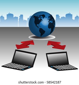 Abstract colorful design with two laptops connected to a blue globe. Internet global communication concept