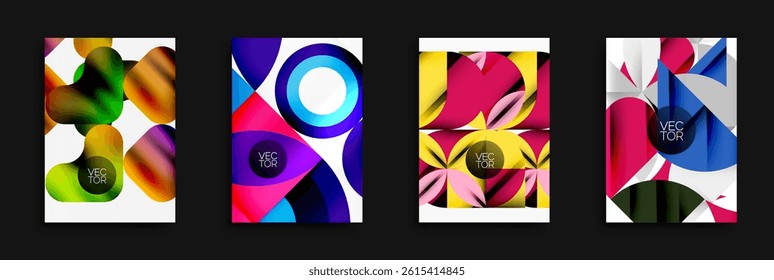 Abstract colorful designs. Fluid shapes overlap, creating vibrant compositions. Modern vector graphics for backgrounds.