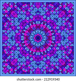 Abstract Colorful Digital Decorative Flower Star. Geometric Contrast Line Trendy Banner. Blue Pink Cyan Lilac Violet Color Artistic Square Tile Backdrop with Blue Border 