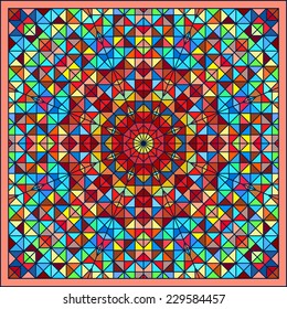 Abstract Colorful Digital Decorative Flower. Geometric Blue Yellow Orange Red Cyan Green Artistic Backdrop