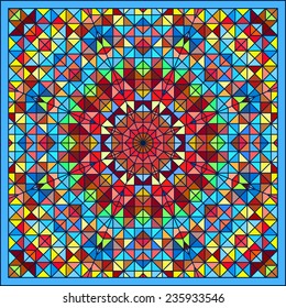Abstract Colorful Digital Decorative Flower Star. Geometric Contrast Line Trendy Banner. Blue Yellow Orange Red Cyan Green Artistic Backdrop