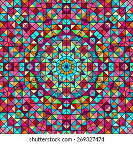 Abstract Colorful Digital Decorative Flower Star. Geometric Contrast Line Trendy Banner. Blue Yellow Orange Red Cyan Holiday Backdrop