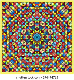 Abstract Colorful Digital Decorative Flower Star. Geometric Contrast Line Trendy Banner. Blue Yellow Orange Red Cyan Green Artistic Backdrop. Autumn Color