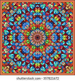Abstract Colorful Digital Decorative Flower Star. Geometric Contrast Line Trendy Banner. Blue Yellow Orange Red Cyan Green Artistic Backdrop