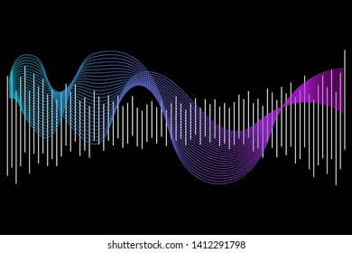 Abstract colorful digital equalizer, vector of sound wave pattern element isolated on black background. Audio technology, musical pulse. Template visualization signal Illustration.