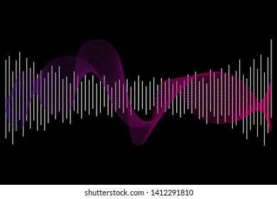 Abstract colorful digital equalizer, vector of sound wave pattern element isolated on black background. Audio technology, musical pulse. Template visualization signal Illustration.