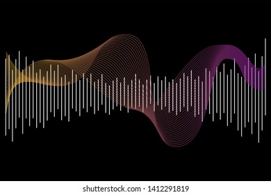 Abstract colorful digital equalizer, vector of sound wave pattern element isolated on black background. Audio technology, musical pulse. Template visualization signal Illustration.