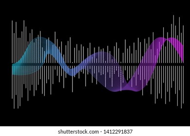 Abstract colorful digital equalizer, vector of sound wave pattern element isolated on black background. Audio technology, musical pulse. Template visualization signal Illustration.