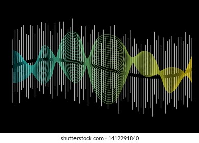 Abstract colorful digital equalizer, vector of sound wave pattern element isolated on black background. Audio technology, musical pulse. Template visualization signal Illustration.