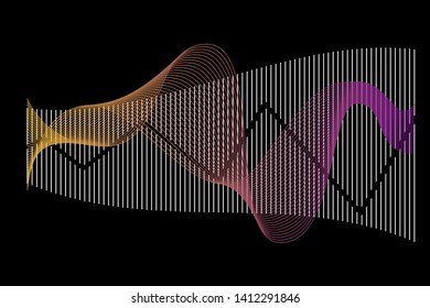 Abstract colorful digital equalizer, vector of sound wave pattern element isolated on black background. Audio technology, musical pulse. Template visualization signal Illustration.
