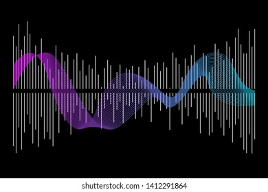 Abstract colorful digital equalizer, vector of sound wave pattern element isolated on black background. Audio technology, musical pulse. Template visualization signal Illustration.