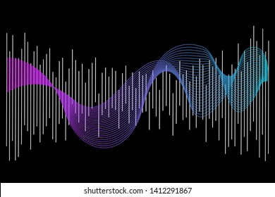 Abstract colorful digital equalizer, vector of sound wave pattern element isolated on black background. Audio technology, musical pulse. Template visualization signal Illustration.