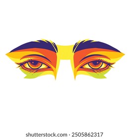 "Abstract colorful digital illustration of expressive eyes in vibrant shades of yellow, orange, purple, and green, creating a surreal and psychedelic visual effect. Ideal for creative