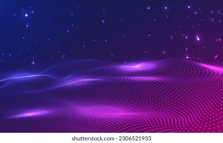 Abstract colorful digital landscape background with flowing particles. cyberspace with motion dots. Futuristic background. Big data. Digital cyberspace, high tech, technology and science. Vector EPS10