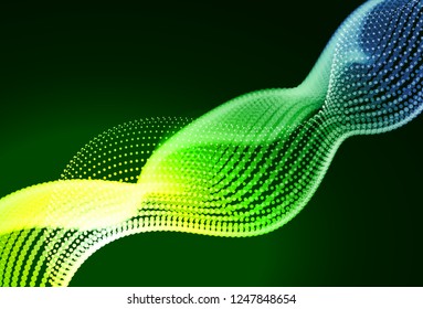 Abstract colorful digital landscape with flowing particles. Cyber or technology background. Green, yellow, blue colors.