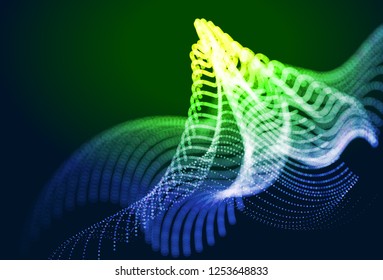 Abstract colorful digital landscape with flowing particles. Cyber or technology background. Green, yellow, blue colors.