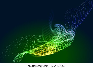 Abstract colorful digital landscape with flowing particles. Cyber or technology background. Green, yellow, blue colors.