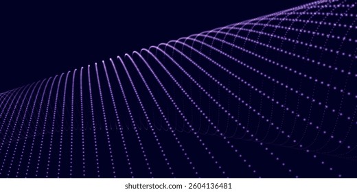 Abstract colorful digital particle wave. Futuristic dot wave. Technological background. Colorful music wave. Digital background with smooth wavy curves. 3D vector illustration
