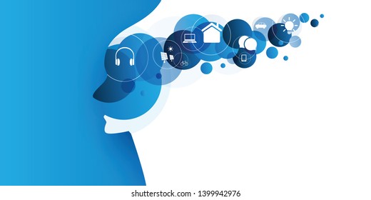 Abstract Colorful Digital Technology, Machine Learning, Artificial Intelligence, Cloud Computing, Smart Voice Assistant, Automated Help and Support Design Concept 