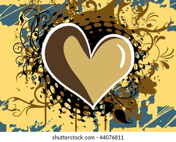 abstract colorful dirty grunge background with isolated heart, floral