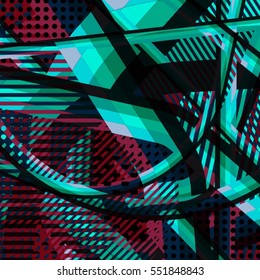 Abstract colorful disco background created with stripes, dots and patters of colors.