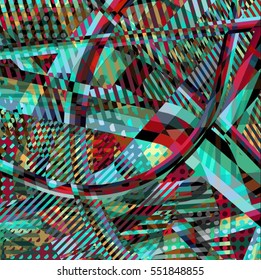 Abstract colorful disco background created with stripes, dots and patters of colors.