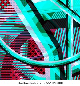 Abstract colorful disco background created with stripes, dots and patters of colors.