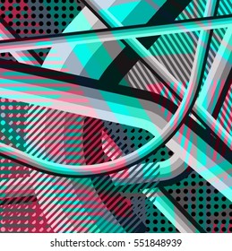 Abstract colorful disco background created with stripes, dots and patters of colors.