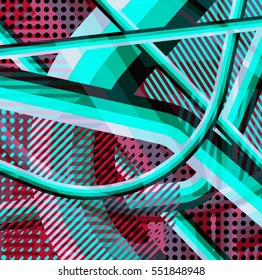 Abstract colorful disco background created with stripes, dots and patters of colors.