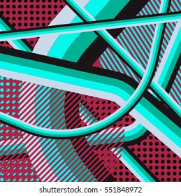Abstract colorful disco background created with stripes, dots and patters of colors.