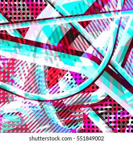 Abstract colorful disco background created with stripes, dots and patters of colors.