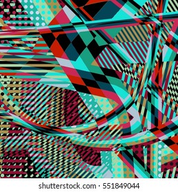 Abstract colorful disco background created with stripes, dots and patters of colors.