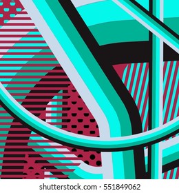 Abstract colorful disco background created with stripes, dots and patters of colors.