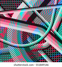 Abstract colorful disco background created with stripes, dots and patters of colors.
