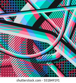 Abstract colorful disco background created with stripes, dots and patters of colors.